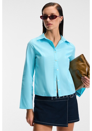 GRINNE Kadın Slim Gömlek Yaka Uzun Kollu İnce Uzun Mavi Gömlek