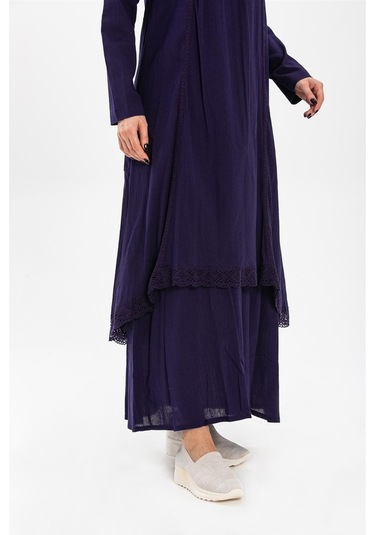 Uzun Kol Şile Bezi Nervürlü Uzun Elbise Mor