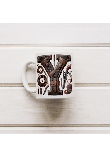 Y Harfi Kovboy Temalı Bardak 330 Ml İsim / Harf Kişiye Özel Hediye - Vahşi Batı Konsept Beyaz