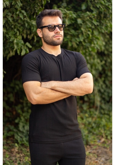 Erkek Siyah Krep Kumaş Rahat Salaş Esnek Bisiklet Yaka T-shirt 23etshtarp 001