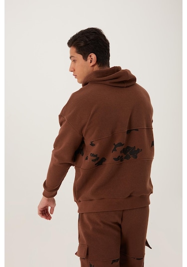 Polostate Erkek Kamuflaj Baskılı Kapüşonlu Sweatshirt Kahverengi