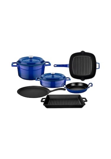 Lava Döküm 6x Trendy Serisi 8 Parça Tencere & Tava Seti Mavi
