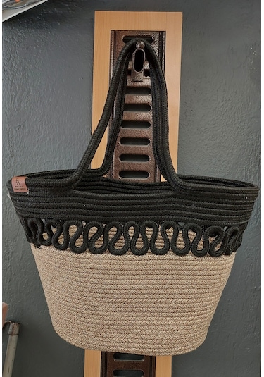 Doğal Hasır Jüt El Örmesi Günlük Kullanım Ve Plaj İçin Uygun Bayan Çanta-bej Siyah Trikotlu Bej - Siyah