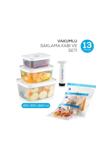 Vienev Vacuumfresh 13 Parça VakuMLu Gıda Saklama Ve VakuMLu Poşet Seti Beyaz