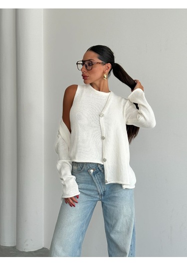 Kadın Giyim İkili Bluz Hırka Triko Takım Optik Beyaz Renk Ekru