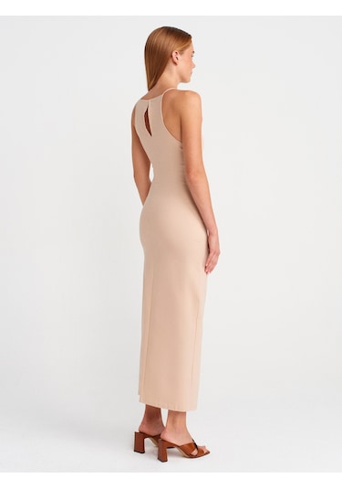 Dilvin 91502 Halter Yaka Midi Elbise-bej Bej