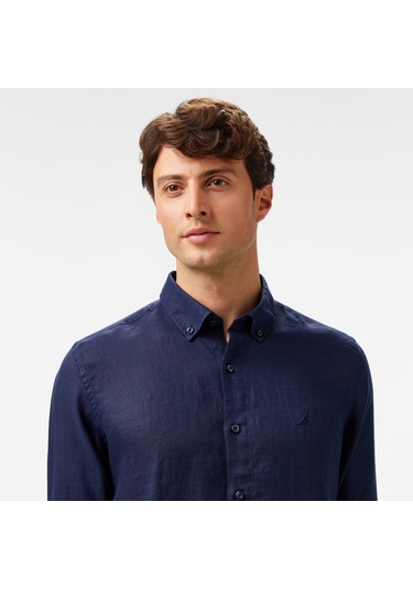 Nautica Erkek Lacivert Classic Fit Keten Gömlek Düz W55101t Lacivert