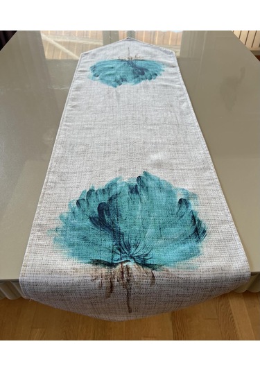 Turkuaz Çiçek Desenli Keten Dokulu 35 135 Cm Runner Turkuaz