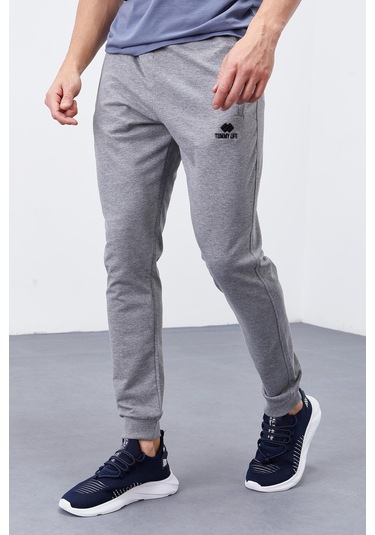 Tommy Life Gri Melanj Fermuar Cepli Dar Kalıp Jogger Erkek Eşofman Alt - 84343 GB MELANJ