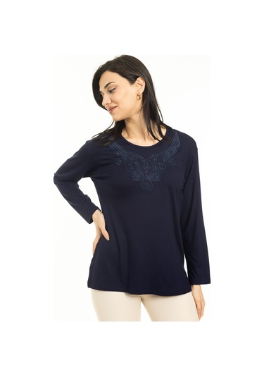 Kadın Orta Yaş Ve Üzeri Yeni Model Yuvarlak Yaka Likralı Anne Penye Bluz 30550-lacivert