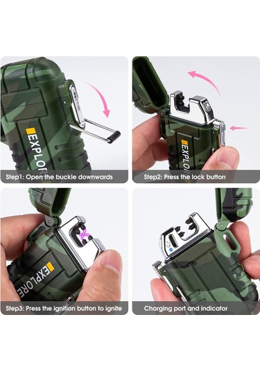 Aubyhe Usb Şarjlı Su Geçirmez Çift Ark Elektrikli Çakmak, Led Fenerli, Alevsiz, Manav/barbekü Işığı Çok Renkli