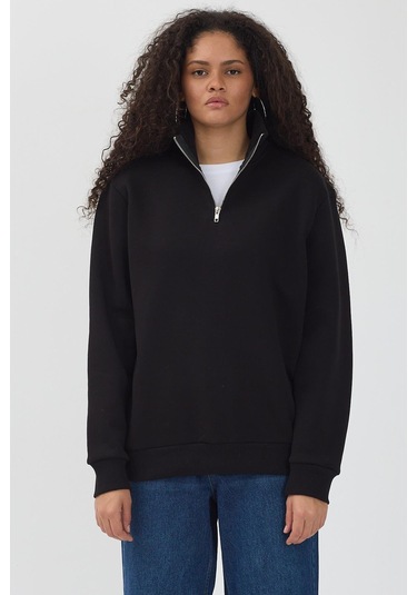 Unisex Regular Fit Rahat Kesim Pamuklu Içi Polarlı Yarım Fermuarlı Siyah Dik Yaka Sweatshirt Siyah