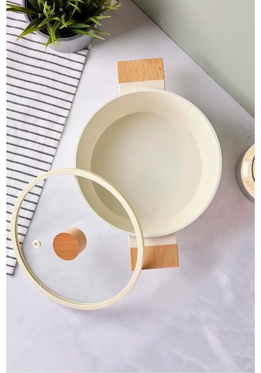 Cookwood Beige İndüksiyon Tabanlı Ahşap Kulplu Kapaklı Seramik Derin Tencere 20 Cm Bej Bej