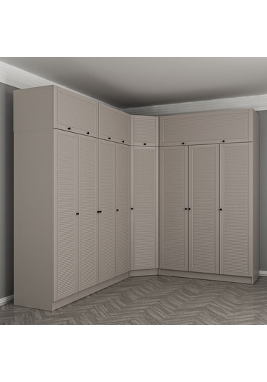 Kale 8 Kapaklı 4 Çekmeceli Köşe Dolap + Yüklük Kumtaşı Mebran Panjur 235cm Bej