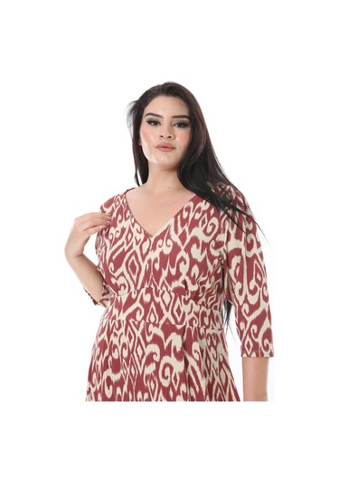 Kadın Büyük Beden Renkli Bürümcük Kumaş V Yakalı Ön Yırtmaçlı Elbise 65n38318-renkli Çok Renkli