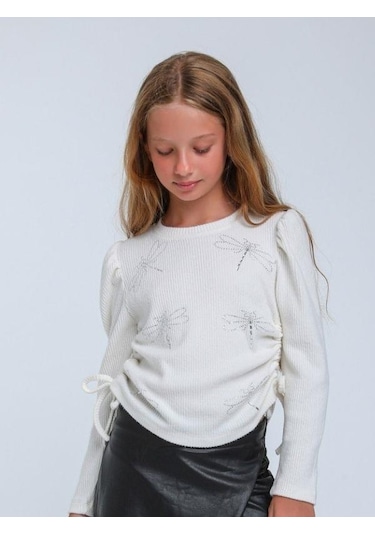 Kız Çocuk Fitilli Taş İşleme Yusufcuk Detaylı Bluz-14309 Ekru
