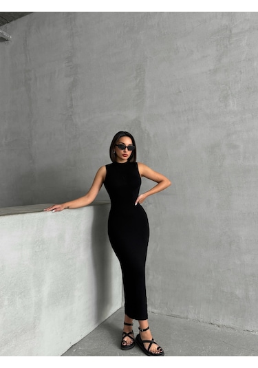 Kadın Yırtmaç Detaylı Kolsuz Soft Touch Esnek Elbise Siyah