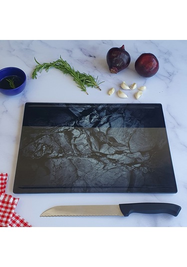 Kanallı Cam Kesme Tablası | Doğal Taş Desenli | 25cm x 35cm