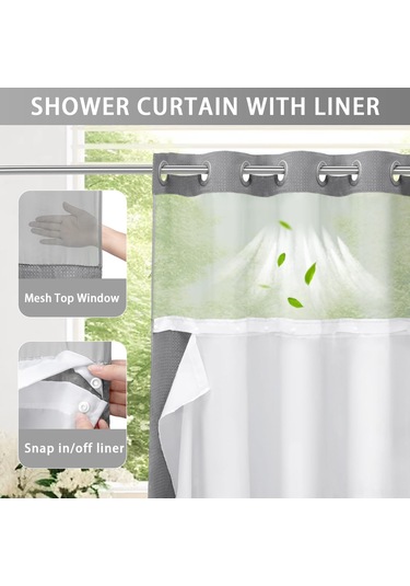 Ximistore9 Gri Su Geçirmez Banyo Perde Seti - Zımparalı Dokulu, Kanca Yok, Tıkla Tak Liner, Hızlı Kurulum, Spalon Deneyimi Açık Gri