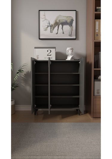 İliana 3 Kapaklı 4 Raflı Çok Amaçlı Dolap, Banyo Dolabı, Mutfak Dolabı Antrasit Antrasit