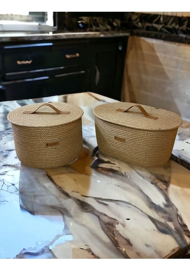 Hasır Sepet, 2'li Kapaklı Dekoratif Sepet, Çok Amaçlı Saklama Kutusu, Hasır Patates Soğan Sepeti