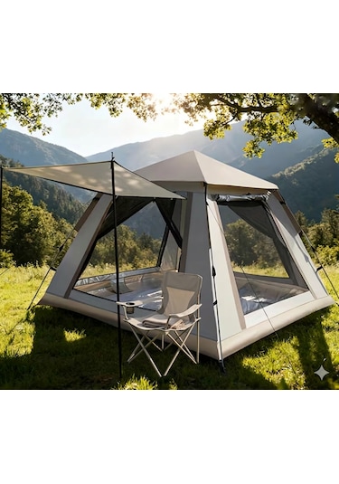 Tam Otomatik Tenteli 4-5 Kişilik Kamp Çadırı 240x240x155 Cm Krem