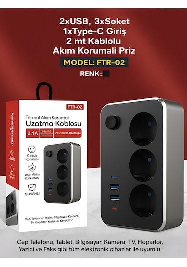 Elektrik Sigortalı Akım Korumalı 2-usb 1-pd Type-c 3'lü Priz 2 Me