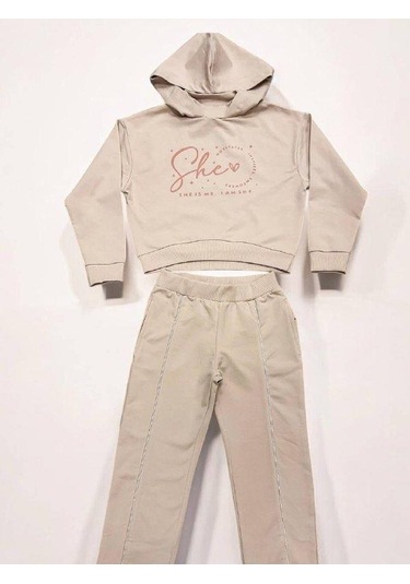 Kız Çocuk Kapüşonlu She Is Me Yazılı Eşofman Takım-15365 Bej