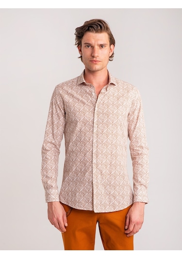 Dufy Kahve Erkek Slim Fit Paul Yaka Uzun Kol Gömlek - 60643 Kahverengi
