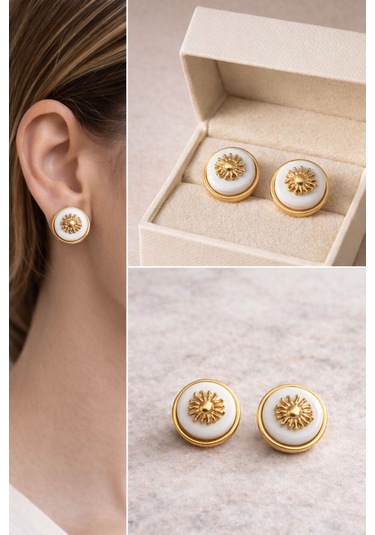Kadın Küpe Vintage Düğme Model Gold Sun Küpe Beyaz