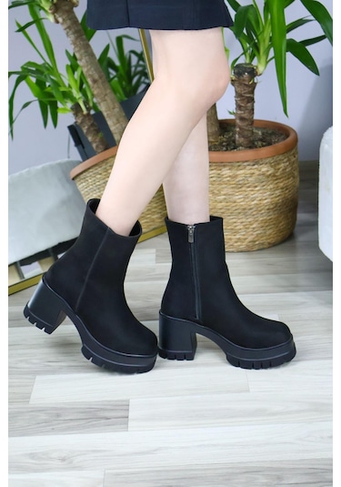 Asmi Shoes Kadın Leysi 8 Cm Platformlu Topuklu Fermuarlı Bot Siyah Süet Siyah