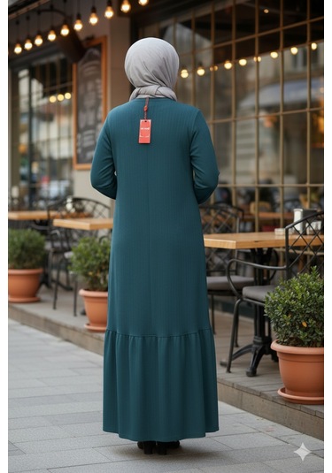 Hesna Kadın Derya Fitilli Doku Eteği Farbalı Broşlu Petrol Elbise Petrol