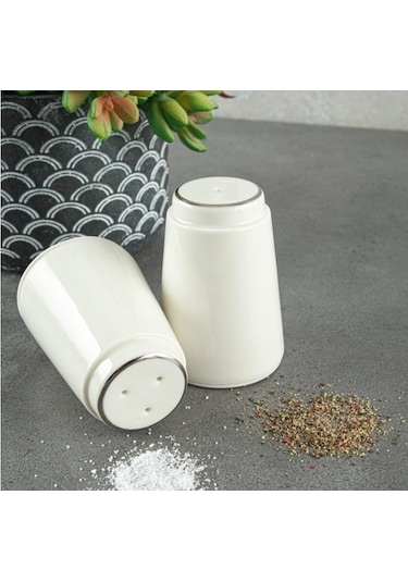 Gümüş Yaldızlı Porselen Tuzluk Biberlik Beyaz