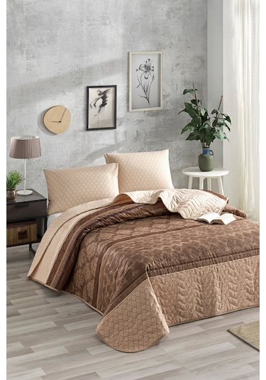 Enlora Home Kapitone Yatak Örtüsü Seti Çift Kişilik Creative Kahve Kahverengi