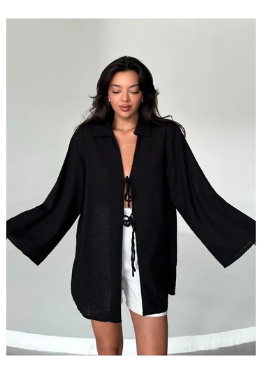 Siyah %100 Keten Bağcık Detaylı Kimono Bluz Siyah