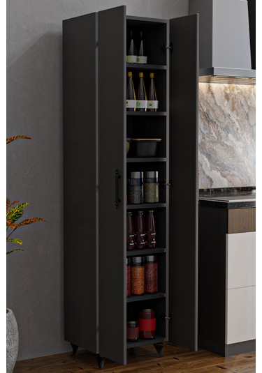 Ae-3085 Selen Çok Amaçlı Antrasit Dolap 7 Raflı,2 Kapaklı Mutfak