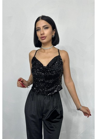 Tanla Butik Siyah Askılı Degaje Bluz Siyah