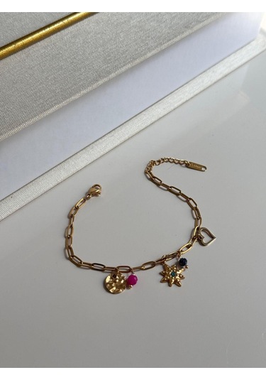 Renkli Taşlı Yıldız Figürlü Altın Kaplama Kadın Çelik Bileklik Altın