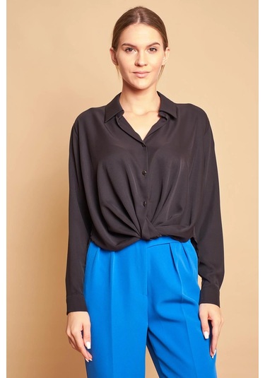 Yakalı Önü Pileli Uzun Kol Likrasız Şık Kumaş Gömlek-siyah Siyah