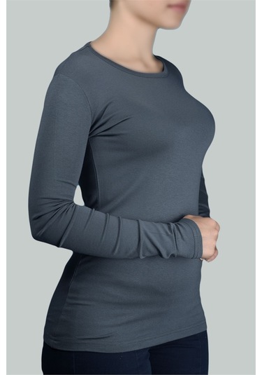 Altobeh Uzun Kol Bisiklet Yaka Likralı Penye Kadın Body - Füme