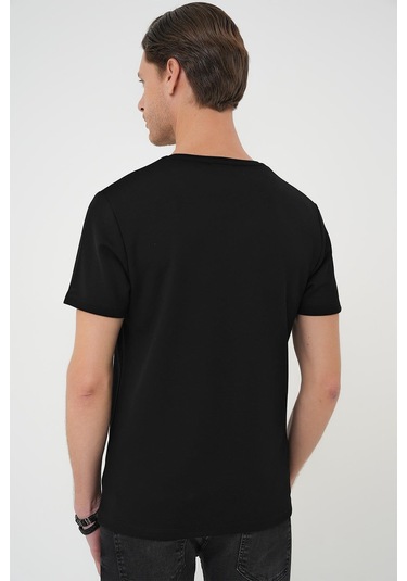 Comfort Fit Bisiklet Yaka Esnek Pamuk Casual Siyah Tişört Ts 885 Siyah