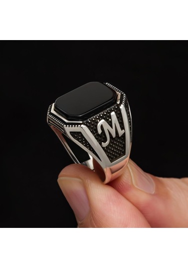 Harfli Oniks Taşlı 925 Gümüş Erkek Yüzük Beyaz