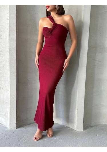Krinkıl Tek Omuz Uzun Elbise Bordo S25455 Bordo