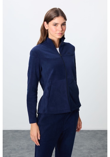 Tommy Life Lacivert Kalın Yumuşak Dokulu Dik Yaka Oversize Nakışlı Polar Kadın Eşofman Takım -95339 Lacivert