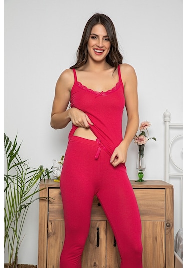 Kadın Fuşya Renkli Dantel Detaylı Şortlu Ve Taytlı Pijama Takımı 3'lü Set 75008 Fuşya