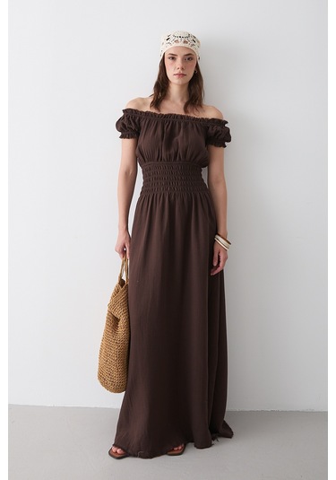 Kahverengi Büzgülü Elbise - 2002 Kahverengi