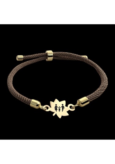 Aile Temalı Yaprak Figürlü Örgülü 14 Ayar Altın Plakalı Hediye Bileklik-331sembol-kahverengi Altın