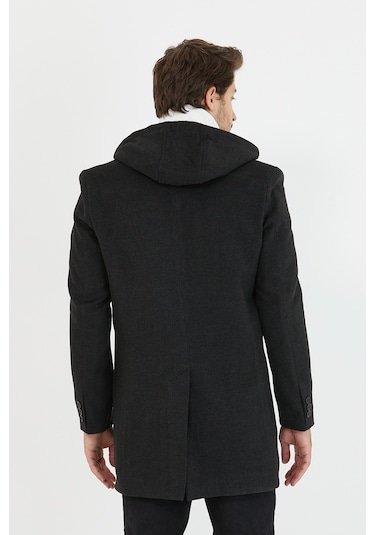 Erkek Antrasit Yün Karışımlı Kaşe Kapüşonlu Önü Fermuarlı Kaban Antrasit