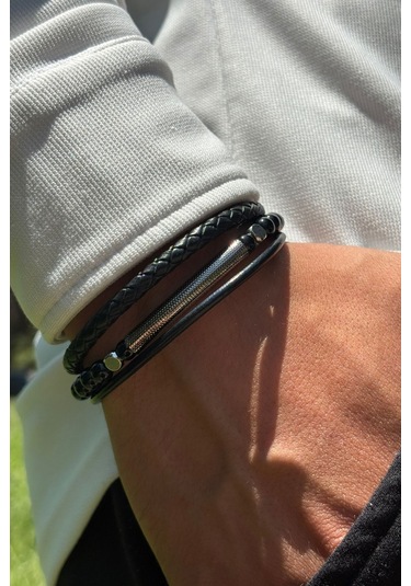 Siyah Örgü Detaylı El İşçiliği İle Üretilmiş Hakiki Deri Erkek Bileklik Gümüş - Siyah