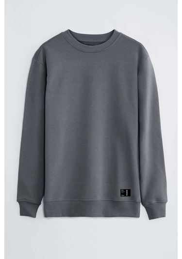 Travis Erkek Organik Kumaşlı Yumuşacık Regular Fit Yuvarlak Yakalı Koyu Gri Sweat